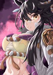 Rule 34 | 1girl, absurdres, animal ears, bandages, bandaid, bandaid on face, bandaid on nose, black hair, breasts, chest sarashi, cleavage, commentary request, crop top, hair between eyes, highres, horse ears, jacket, large breasts, long hair, looking at viewer, midriff, mojao, narita brian (umamusume), navel, open clothes, open jacket, parted lips, sarashi, shirt, solo, star (symbol), star print, stomach, umamusume, upper body, white jacket, yellow eyes, yellow shirt
