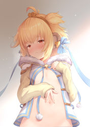 Rule 34 | 1girl, ahoge, andira (granblue fantasy), animal ears, blonde hair, blush, breasts, closed mouth, erune, granblue fantasy, groin, hairband, hands up, highres, kimblee, looking at viewer, monkey ears, navel, red eyes, short hair, small breasts, solo, spread navel, stomach, tearing up, tears, two side up