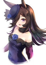 Rule 34 | 1girl, :d, animal ears, bare shoulders, blue dress, blue headwear, brown hair, commentary, covered navel, dress, fur collar, horse ears, long hair, looking at viewer, meyamu, off-shoulder dress, off shoulder, open mouth, purple eyes, rice shower (umamusume), simple background, smile, solo, symbol-only commentary, umamusume, upper body, white background