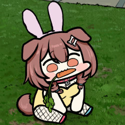 Rule 34 | 1girl, :3, animal collar, animal ears, asymmetrical footwear, bare arms, bare shoulders, brown hair, carrot, chibi, collar, commentary request, dog ears, dog girl, dog tail, fishnet legwear, fishnets, food in mouth, grass, hair between eyes, hololive, inugami korone, jazz jack, leotard, long hair, lowres, orange eyes, outdoors, playboy bunny, sitting, solo, spread legs, strapless, strapless leotard, tail, virtual youtuber, yellow leotard