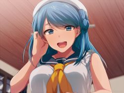 Rule 34 | 10s, 1girl, :d, adjusting hair, bad id, bad pixiv id, bare shoulders, blue eyes, blue hair, breasts, double bun, hair bun, hat, indoors, kantai collection, large breasts, long hair, looking at viewer, looking down, maguro (ma-glo), matching hair/eyes, no gloves, open mouth, sailor hat, school uniform, serafuku, sleeves rolled up, smile, solo, teeth, tucking hair, urakaze (kancolle), white hat, window