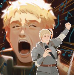 Rule 34 | 1boy, aleikats, arm up, armor, artist name, blonde hair, brown background, closed eyes, commentary, dungeon meshi, emphasis lines, english commentary, eyelashes, facing ahead, facing viewer, furrowed brow, hand up, highres, laios touden, long sleeves, male focus, multiple views, music, musical note, open mouth, pauldrons, plate armor, shirt, short hair, shoulder armor, singing, vambraces, white shirt