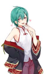 Rule 34 | 1other, ahoge, androgynous, armpits, bad id, bad twitter id, chinese clothes, cowboy shot, earrings, fang, green hair, hand to own mouth, highres, jewelry, konbu wakame, nijisanji, purple eyes, ryuushen, short hair, simple background, smug, solo, virtual youtuber, white background