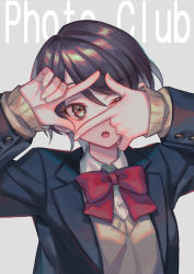 Rule 34 | 1girl, arms up, blue jacket, bow, bowtie, brown hair, brown sweater, buttons, close-up, commentary request, english text, female focus, grey background, highres, jacket, looking at viewer, one eye closed, open mouth, original, red bow, red bowtie, school uniform, shirt, shirt under sweater, short hair, simple background, solo, suzaku (zaku6584), sweater, uniform, upper body, white shirt