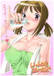 Rule 34 | 00s, 10s, breasts, brown eyes, brown hair, camisole, cleavage, hinako (issho ni training), issho ni training, large breasts, milk, pinky out, solo, sweat, translated, zouzou