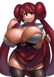 Rule 34 | 1girl, areola slip, belt, black thighhighs, breasts, cleavage, closed mouth, clothes lift, double bun, hair bun, highres, holding, huge breasts, long hair, looking at viewer, open clothes, red eyes, red hair, skirt, skirt lift, smile, solo, thighhighs, twintails, zako (arvinry)