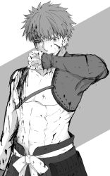 Rule 34 | 1boy, bleeding, blood, blood on arm, blood on face, blood splatter, blood on clothes, blood in hair, cuts, emiya shirou, fate/grand order, fate (series), greyscale, highres, igote, injury, limited/zero over, looking at viewer, male focus, mct, monochrome, senji muramasa (fate), solo, toned, toned male, upper body