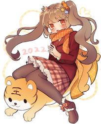 Rule 34 | 1girl, 2022, :o, absurdres, animal, blush, boots, brown footwear, brown hair, brown pantyhose, brown skirt, chinese zodiac, commentary request, fang, full body, fur-trimmed boots, fur trim, hair ornament, hairclip, highres, hoshi lingdang, jacket, long hair, long sleeves, open mouth, orange scarf, original, pantyhose, plaid, plaid skirt, pleated skirt, red eyes, red jacket, scarf, shirt, skirt, solo, star (symbol), star hair ornament, tiger, twintails, very long hair, white background, white shirt, year of the tiger