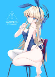 Rule 34 | 1girl, animal ears, barefoot, between legs, blonde hair, blue archive, blue background, blue bow, blue bowtie, blue eyes, blue leotard, blue nails, bow, bowtie, braid, breasts, cleavage, fake animal ears, full body, hair bow, halo, hand between legs, headphones, highres, ko yu, leotard, long hair, looking at viewer, looking to the side, medium breasts, parted lips, playboy bunny, rabbit ears, single thighhigh, sitting, solo, strapless, strapless leotard, thighhighs, toki (blue archive), toki (bunny) (blue archive), v, very long hair, white thighhighs, wrist cuffs