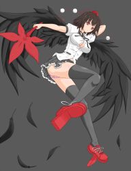 Rule 34 | 1girl, arm behind head, bad id, bad pixiv id, black hair, black skirt, black thighhighs, black wings, breasts, bursting breasts, collared shirt, feathered wings, feathers, female focus, frilled skirt, frills, full body, geta, grey background, hat, large breasts, long legs, looking at viewer, miniskirt, moya-shi, neck ribbon, no bra, outstretched arm, panties, pink panties, puffy short sleeves, puffy sleeves, red eyes, ribbon, shameimaru aya, shirt, shoelaces, short hair, short sleeves, simple background, skirt, smile, solo, taut clothes, taut shirt, tengu-geta, thighhighs, tokin hat, touhou, underwear, white shirt, wings
