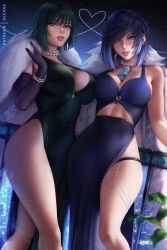 Rule 34 | 2girls, alternate costume, black gloves, black hair, blue dress, blue hair, bracelet, breasts, cleavage, commentary, covered navel, crossover, dark green hair, dated, diagonal bangs, dice, dress, ear piercing, elbow gloves, english commentary, evening gown, fubuki (one-punch man), genshin impact, gloves, gradient hair, green dress, green eyes, heart, jewelry, large breasts, laura post, lips, looking at viewer, mole, mole on breast, multicolored hair, multiple girls, neck tassel, necklace, night, night sky, olchas, one-punch man, paid reward available, parted lips, patreon username, pearl bracelet, pearl necklace, piercing, short hair, side slit, sky, smile, star (sky), starry sky, thigh strap, thighs, voice actor connection, yelan (genshin impact)
