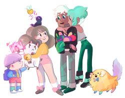 Rule 34 | 2boys, 2girls, :&lt;, =&lt;, animal, animal on head, artist name, backpack, bag, bee, bee (bee and puppycat), bee and puppycat, bell, bird, bird on head, blue eyes, blush stickers, bow, bowl cut, brown hair, bug, cardamon, cass (bee and puppycat), child, dark skin, deckard, deckard wizard, dog, envelope, eye contact, food, frederator, fruit, green eyes, green hair, heterochromia, hug, insect, jacket, jingle bell, long hair, looking at another, midriff, multiple boys, multiple girls, natasha allegri, necktie, on head, open mouth, puppycat, short hair, shorts, simple background, smile, sparkle, standing, white background, white hair, | |