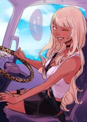 1girl absurdres animal_print bare_shoulders belly_chain black_choker black_skirt blonde_hair blue_sky breasts car_interior choker cleavage from_side grin gyaru highres jewelry kaminari_qpi kaminari_qpi_(3rd_costume) leopard_print long_hair looking_at_viewer miniskirt ocean one_eye_closed orange_eyes seatbelt sitting sketch skirt sky smile solo steering_wheel tank_top thigh_strap translation_request virtual_youtuber vspo! white_tank_top zoramaruta