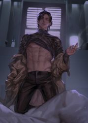 Rule 34 | 1boy, 1thousand9, abs, absurdres, alcohol, black eyes, black hair, cigarette, clothes lift, highres, holding, holding cigarette, jacket, kneeling, looking at viewer, male focus, original, pants, shirt lift, short hair, toned, toned male, turtleneck, underpec