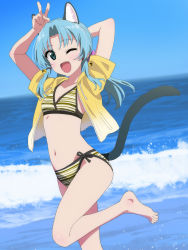 Rule 34 | 1girl, ;d, animal ear fluff, animal ears, arms up, bare legs, barefoot, bell, bikini, bikini under clothes, blue eyes, blue hair, blue sky, blush, breasts, brown jacket, cat ears, cat girl, cat tail, collarbone, commentary request, day, drawstring, fingernails, hair bell, hair ornament, highres, hood, hood down, hooded jacket, horizon, jacket, jingle bell, long hair, looking at viewer, marine day, navel, ocean, one eye closed, open clothes, open jacket, open mouth, original, outdoors, parted bangs, short sleeves, sidelocks, sky, small breasts, smile, solo, standing, standing on one leg, string bikini, swimsuit, tail, tail raised, tonbi, v, water, waves