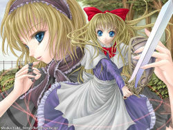 Rule 34 | 1girl, alice margatroid, apron, blonde hair, blue eyes, bow, capelet, eyebrows, female focus, hair bow, hairband, holding, holding sword, holding weapon, long hair, long sleeves, looking at viewer, outdoors, red bow, shanghai doll, shield, short hair, solo, sword, thread, touhou, tree, watermark, weapon, yuki shuuka
