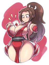 Rule 34 | 1girl, :&lt;, ass, between breasts, blush, borrowed character, breasts, brown eyes, brown hair, cleavage, curvy, fatal fury, hair intakes, highres, huge ass, large breasts, letter, looking down, nintendo, pelvic curtain, ponytail, revealing clothes, secretly saucy, shiny skin, shiranui mai, simple background, smash invitation, solo, super smash bros., surprised, thighs, white background