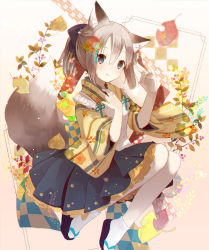 Rule 34 | 1girl, animal ears, apron, black footwear, black skirt, blush, bow, brown hair, clog sandals, closed mouth, commentary request, floral background, floral print, flower, fox ears, fox girl, fox shadow puppet, fox tail, frills, grey eyes, hair between eyes, hair bow, hair flower, hair ornament, hand on own chest, hands up, highres, japanese clothes, kimono, light smile, maid, original, pleated skirt, ponytail, sandals, short hair, short kimono, sidelocks, skirt, smile, socks, solo, tabi, tail, tail raised, wa maid, white apron, white socks, wide sleeves, yellow kimono, yuzuyomogi, zouri