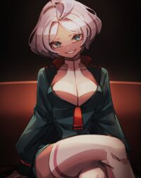 Rule 34 | 1girl, ahoge, aqua eyes, aqua jacket, arms at sides, ass, asticassia school uniform, blurry, breasts, collarbone, commentary, couch, crossed legs, dark background, feet out of frame, grin, gundam, gundam suisei no majo, hair intakes, halterneck, head tilt, jacket, knees, leotard, leotard under clothes, long sleeves, looking at viewer, makaroll, medium breasts, no pupils, on couch, parted lips, partially unzipped, puffy long sleeves, puffy sleeves, secelia dote, short hair, single horizontal stripe, single stripe, sitting, smile, solo, tan, thighhighs, thighs, vignetting, white hair, white leotard, white thighhighs, zipper pull tab