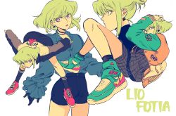 Rule 34 | 4boys, alternate costume, androgynous, bae (baebae), black gloves, earrings, frilled shirt, frills, gloves, green hair, hair up, half gloves, highres, jacket, jewelry, letterman jacket, lio fotia, male focus, multiple boys, multiple persona, promare, purple eyes, shirt, shoes, short ponytail, short shorts, shorts, sneakers, trap
