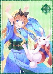 Rule 34 | :d, alice (alice in wonderland), alice in wonderland, blonde hair, blue eyes, bow, checkered sash, clover, hair bow, highres, japanese clothes, kimono, long hair, matsukawa (pale scarlet), new year, open mouth, rabbit, smile, spade, white rabbit (alice in wonderland)