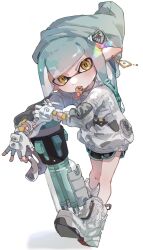 Rule 34 | 1girl, aqua hair, aqua hat, aqua trim, ballpoint splatling (splatoon), beanie, black shorts, boots, commentary, dangle earrings, dot nose, earrings, eyebrows hidden by hair, fang, food in mouth, full body, gloves, gun, hat, high tops, highres, holding, holding gun, holding weapon, inkling, inkling girl, inkling player character, jacket, jewelry, long hair, looking at viewer, nintendo, partially fingerless gloves, pointy ears, shoes, short shorts, shorts, simple background, skin fang, sneakers, solo, splatoon (series), splatoon 3, standing, tentacle hair, thick eyebrows, weapon, white background, white footwear, white gloves, white jacket, yellow eyes, yksb inc6