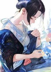 Rule 34 | 1girl, artist name, blue kimono, breasts, closed eyes, closed mouth, commentary, eyelashes, fireworks print, forehead, hair bun, highres, japanese clothes, kimono, lips, lipstick, looking down, makeup, medium breasts, obi, off shoulder, original, parted bangs, robe, sash, see-through, short hair, signature, simple background, single hair bun, solo, umishima senbon, undressing, white background, white robe