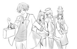 Rule 34 | 2boys, 2girls, :d, animal ears, antlers, arknights, bag, bare shoulders, cowboy shot, deer ears, executor (arknights), greyscale, halo, highres, holding hands, horns, jacket, long hair, long sleeves, monochrome, multiple boys, multiple girls, open clothes, open jacket, open mouth, pants, poni (poni arknights), shirt, short hair, simple background, smile, standing, texas (arknights), thorns (arknights), tsukinogi (arknights), white background, wolf ears