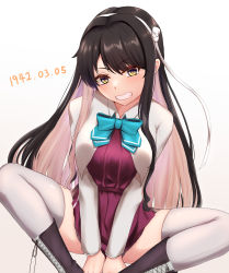 Rule 34 | 1girl, absurdres, aqua bow, aqua bowtie, arugou, black hair, blazer, boots, bow, bowtie, breasts, collared jacket, cross-laced footwear, dated, dress, fang, grey thighhighs, hair ornament, hairband, halterneck, highres, indian style, jacket, kantai collection, lace-up boots, large breasts, long hair, long sleeves, multicolored hair, naganami (kancolle), open mouth, pink hair, purple thighhighs, shirt, simple background, sitting, smile, solo, thighhighs, two-tone hair, white background, white hairband, white shirt, yellow eyes