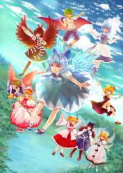 Rule 34 | 6+girls, bad id, bad pixiv id, blurry, boots, bouquet, capelet, cirno, cloud, daiyousei, depth of field, dress, fairy, floating, flower, flying, from above, full body, highres, ice, ice wings, lake, letty whiterock, lily white, luna child, mg42cat-k1ng, multiple girls, rumia, short hair, sky, star sapphire, sunny milk, team 9 (touhou), touhou, wings, wriggle nightbug