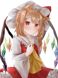 Rule 34 | 1girl, adapted costume, animal ear fluff, animal ears, bad id, bad pixiv id, blonde hair, blush, bow, breasts, cat day, cat ears, cat girl, closed mouth, crystal, dress, expressionless, flandre scarlet, frilled shirt collar, frills, furawast, hat, hat bow, highres, kemonomimi mode, long sleeves, looking at viewer, mob cap, one side up, petticoat, red bow, red dress, red eyes, short hair, simple background, small breasts, solo, touhou, upper body, white background, white hat, wide sleeves, wings, yellow neckwear