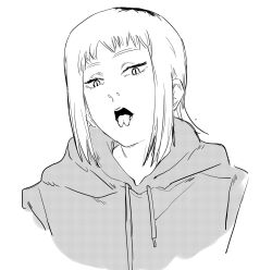 Rule 34 | 1girl, chainsaw man, forked tongue, greyscale, highres, knew nothing, looking at viewer, monochrome, sawatari akane (chainsaw man), short hair, slit pupils, tongue, tongue out, white background