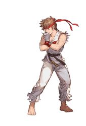 Rule 34 | 1boy, 3:, 3:&lt;, bare shoulders, barefoot, brown hair, clothes writing, collarbone, cosplay, crossed arms, dougi, closed eyes, fingerless gloves, fingernails, full body, game cg, gloves, gran (granblue fantasy), granblue fantasy, headband, karate gi, male focus, minaba hideo, muscular, official art, pants, red gloves, ryu (street fighter), ryu (street fighter) (cosplay), short hair, solo, standing, street fighter, toenails, torn clothes, transparent background, v-shaped eyebrows, white pants