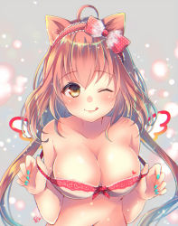 Rule 34 | 1girl, ;q, ahoge, animal ears, aqua nails, areola slip, bare shoulders, blush, bow, bra, bra pull, breasts, brown eyes, brown hair, cat ears, clothes pull, collarbone, commentary, english commentary, hair bow, hairband, heart, lace, lace-trimmed bra, lace trim, large breasts, long hair, looking at viewer, nail polish, navel, nemuri nemu, one eye closed, original, polka dot, polka dot bow, polka dot hairband, red bow, red hairband, signature, solo, tongue, tongue out, twintails, underwear, upper body, wings