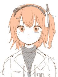 Rule 34 | 1girl, :|, a.i. voice, adachi rei, closed mouth, crossed bangs, expressionless, greyscale, hair ornament, hair ribbon, hairband, hairclip, highres, iyowa (igusuri please), jacket, looking at viewer, monochrome, open clothes, open jacket, orange eyes, orange hair, portrait, raised eyebrows, ribbon, short hair, side ponytail, simple background, sketch, solo, spot color, turtleneck, utau
