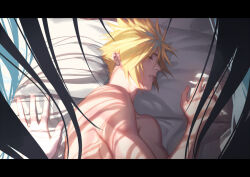 Rule 34 | 2boys, blonde hair, closed eyes, cloud strife, eilinna, final fantasy, final fantasy vii, final fantasy vii remake, hair between eyes, letterboxed, long hair, lying, male focus, multiple boys, on bed, on side, out of frame, parted lips, pillow, sephiroth, short hair, sleeping, spiked hair, toned, toned male, topless male, upper body, yaoi