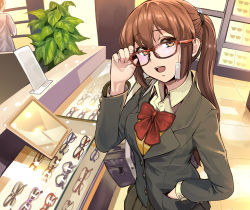 Rule 34 | absurdres, adjusting eyewear, bag, black jacket, black skirt, bow, bowtie, brown eyes, brown hair, collared shirt, commentary request, glasses, hair ornament, highres, indoors, jacket, long hair, looking at viewer, open mouth, original, plant, ponytail, price tag, red bow, shirt, shopping, skirt, solo focus, white shirt, yewang19