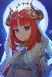 Rule 34 | 1girl, absurdres, bare shoulders, blue eyes, blunt bangs, breasts, closed mouth, dancer, detached sleeves, eyelashes, forehead jewel, full moon, genshin impact, harem outfit, highres, horns, jewelry, long sleeves, looking at viewer, low twintails, midriff, moon, night, nilou (genshin impact), red hair, rerorerobim, smile, solo, twintails, upper body, veil