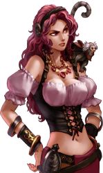 Rule 34 | 1girl, bandai namco, barbara (soulcalibur), breasts, cleavage, cutlass, gem, hairband, hands on own hips, highres, jewelry, kawano takuji, large breasts, long hair, midriff, monkey, monkey tail, namco, navel, necklace, official art, pirate, rapier, red gemstone, soul calibur, soulcalibur legends, sword, tail, weapon