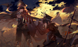 Rule 34 | 1boy, 1girl, battlefield, black cape, black hair, black headwear, black jacket, brother and sister, cape, closed eyes, crest, family crest, fate/grand order, fate (series), fiery hair, gloves, gun, hat, holding, holding gun, holding weapon, jacket, kawacy, military, military uniform, musket, oda nobukatsu (fate), oda nobunaga (fate), oda nobunaga (koha-ace), oda uri, outdoors, peaked cap, ponytail, red cape, red eyes, red jacket, siblings, sky, uniform, weapon, white gloves