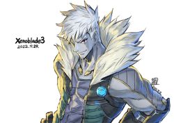Rule 34 | 1boy, colored skin, copyright name, grey skin, lanz (xenoblade), looking at viewer, male focus, open clothes, open vest, release date, saitou masatsugu, solo, upper body, vest, xenoblade chronicles (series), xenoblade chronicles 3