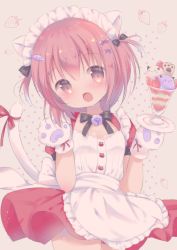 Rule 34 | 1girl, animal ears, animal hands, apron, bell, black bow, bow, brown eyes, brown hair, cat ears, cat girl, cat tail, commentary request, dress, fang, fish hair ornament, frilled apron, frills, gloves, grey background, hair between eyes, hair bow, hair ornament, hands up, highres, holding, jingle bell, maid, maid headdress, open mouth, original, parfait, paw gloves, pink hair, pleated dress, puffy short sleeves, puffy sleeves, purple bow, red bow, red dress, rin (fuwarin), short hair, short sleeves, solo, tail, tail bow, tail ornament, tail raised, two side up, waist apron, white apron, white gloves