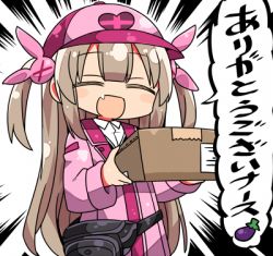 Rule 34 | &gt; &lt;, 1girl, :d, baseball cap, blush stickers, box, cardboard box, closed eyes, collared shirt, commentary request, eggplant, emphasis lines, facing viewer, fang, hair ornament, hat, heart, holding, holding box, jacket, kanikama, light brown hair, long hair, long sleeves, lowres, natori sana, open mouth, pink hat, pink jacket, rabbit hair ornament, sana channel, shirt, smile, solo, two side up, upper body, very long hair, virtual youtuber, white shirt