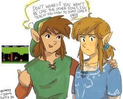 Rule 34 | 2boys, blue tunic, brown hair, bug, elf, frown, green tunic, grin, hand on another&#039;s shoulder, hat, jumping, link, moblin, multiple boys, multiple persona, nintendo, open mouth, pointy ears, ponytail, sidelocks, smile, speech bubble, spider, the legend of zelda, the legend of zelda: breath of the wild, thumbs up, zelda ii: the adventure of link