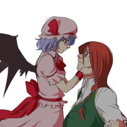 Rule 34 | 2girls, bat wings, blue hair, braid, dress, female focus, green eyes, hair ribbon, hands on another&#039;s face, hong meiling, long hair, looking at another, multiple girls, neko majin, no headwear, profile, red eyes, red hair, remilia scarlet, ribbon, short hair, simple background, smile, tears, torn clothes, touhou, white background, wings