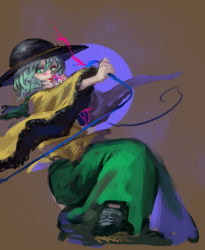 Rule 34 | 1girl, black hat, blouse, bucket hat, green eyes, green hair, green skirt, hat, holding, inishie kumo, komeiji koishi, long sleeves, looking at viewer, on one knee, shirt, shoes, sketch, skirt, smile, solo, touhou, wide sleeves, yellow shirt