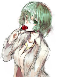 Rule 34 | 1girl, breasts, cleavage, eating, female focus, food, fruit, kazami yuuka, large breasts, nokishita, open clothes, open shirt, shirt, sketch, solo, strawberry, touhou, upper body, white background