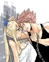 Rule 34 | 1boy, 1girl, black shirt, blonde hair, blouse, blue ribbon, breasts, brown eyes, chain, choker, cleaned, cleavage, fairy tail, from side, hair ribbon, kabedon, letterboxed, long hair, lucy heartfilia, mashima hiro, natsu dragneel, no bra, pink hair, pulling, ribbon, shirt, smile, spiked hair, sweat, sweatdrop, tank top, twintails, white shirt