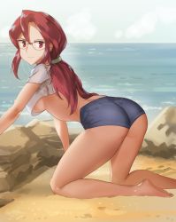 Rule 34 | &gt;:), 1girl, all fours, alternate costume, arm support, ass, bare legs, barefoot, beach, blue shorts, breasts, closed mouth, creatures (company), crop top, day, elite four, feet, female focus, game freak, glasses, highres, kneeling, large breasts, leaning, leaning forward, legs, light smile, long hair, looking at viewer, looking back, lorelei (pokemon), midriff, naughty face, nintendo, no bra, ocean, outdoors, pokemon, pokemon frlg, pokemon rgby, ponytail, red eyes, red hair, rock, sand, sendo (sendrawz), shirt, short shorts, shorts, sky, smile, soles, solo, t-shirt, toes, underboob, v-shaped eyebrows, white shirt