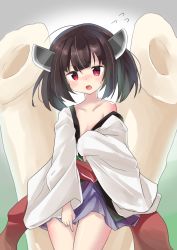 Rule 34 | 1girl, bare shoulders, blush, brown hair, collarbone, commentary request, flying sweatdrops, headgear, highres, japanese clothes, kimono, long sleeves, looking at viewer, off shoulder, open clothes, open kimono, open mouth, pleated skirt, purple skirt, red eyes, ryogo, skirt, skirt tug, solo, sweat, touhoku kiritan, voiceroid, white kimono, wide sleeves